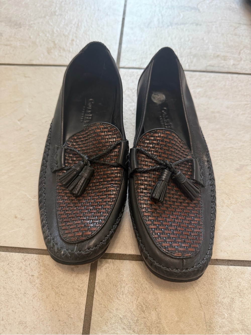 Cole Haan Black Leather Tassel Loafers with Brown Woven Vamp